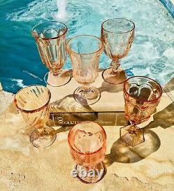 Vintage 6 Mismatched Pink Wine Glasses-Peach Goblets-Retro-Boho-Wedding Set