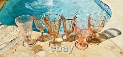 Vintage 6 Mismatched Pink Wine Glasses-Peach Goblets-Retro-Boho-Wedding Set