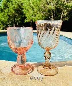 Vintage 6 Mismatched Pink Wine Glasses-Peach Goblets-Retro-Boho-Wedding Set