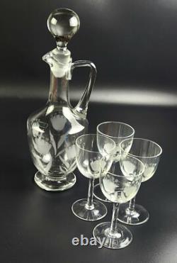 Vintage- 6 Pieces Toscany Etched -Floral Pattern Wine Glasses with Decanter