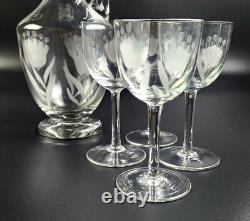 Vintage- 6 Pieces Toscany Etched -Floral Pattern Wine Glasses with Decanter