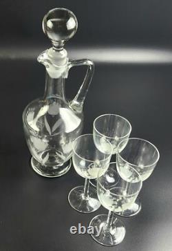 Vintage- 6 Pieces Toscany Etched -Floral Pattern Wine Glasses with Decanter
