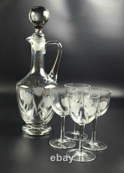 Vintage- 6 Pieces Toscany Etched -Floral Pattern Wine Glasses with Decanter