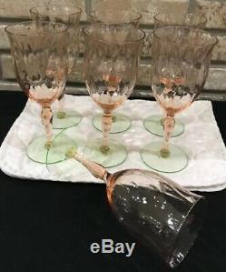 Vintage 7 Wine Water Goblets Glasses Watermelon Pink & Green Diamond Optic