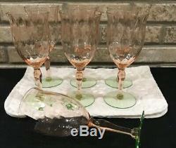Vintage 7 Wine Water Goblets Glasses Watermelon Pink & Green Diamond Optic