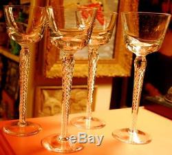 Vintage AIR TWIST STEM Hand Blown Crystal Set of 4 HOCK WINE Glasses Magnificent