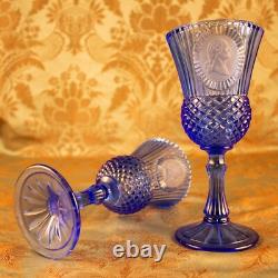 Vintage AVON Blue Goblet Ribbed George Washington Colonial 2 Wine Glass