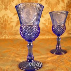 Vintage AVON Blue Goblet Ribbed George Washington Colonial 2 Wine Glass
