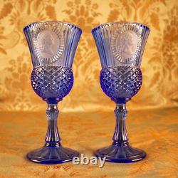 Vintage AVON Blue Goblet Ribbed George Washington Colonial 2 Wine Glass