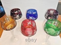 Vintage Ajka Crystal Cut Glass Set of 6 Multi-Colored Wine Glasses