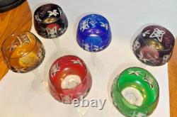 Vintage Ajka Crystal Cut Glass Set of 6 Multi-Colored Wine Glasses