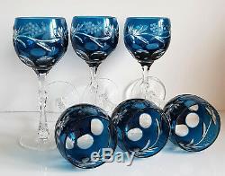 Vintage Ajka Marsala Blue Cased Cut To Clear Wine Hocks, Set Of 6