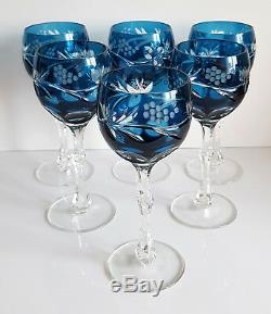 Vintage Ajka Marsala Blue Cased Cut To Clear Wine Hocks, Set Of 6