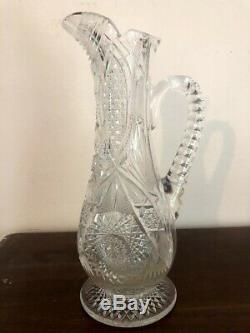 Vintage American Brilliant Cut Glass Tall Pedestal Pitcher Vase Water Tea Wine
