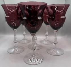 Vintage Amethyst Glass Water Wine Goblet Set 6 Cambridge Fancy Stem Stemware