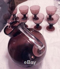 Vintage Amethyst Water Goblets Purple Wine Glasses SET 8 Knob Stem w PITCHER