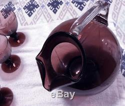 Vintage Amethyst Water Goblets Purple Wine Glasses SET 8 Knob Stem w PITCHER