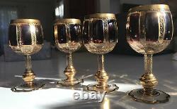 Vintage/Antique Czech Ruby Wine Glasses Heavily Hand Gold Painted Opulent Set/4