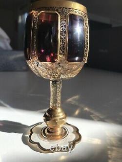 Vintage/Antique Czech Ruby Wine Glasses Heavily Hand Gold Painted Opulent Set/4