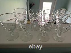 Vintage Antique Lily of the Valley Set 8 Wine Glasses 24K gold rim MINT Eight