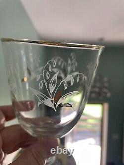 Vintage Antique Lily of the Valley Set 8 Wine Glasses 24K gold rim MINT Eight