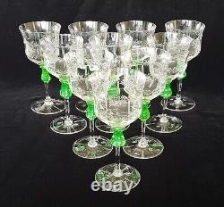 Vintage Antique Set of 10 Depression Era Etched Wine Goblets-Clear-Green