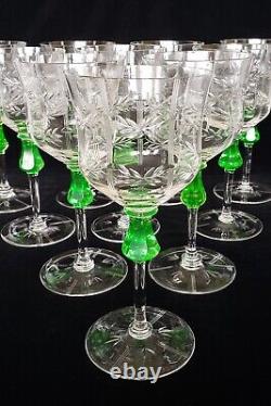 Vintage Antique Set of 10 Depression Era Etched Wine Goblets-Clear-Green
