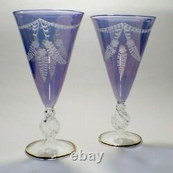 Vintage Art Deco Etched Neodymium (Alexandrite) Crystal Purple Goblet Glasses