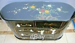 Vintage Asian Buffet Black Mother of Pearl 4 drawer 3 cabinets wine glass racks