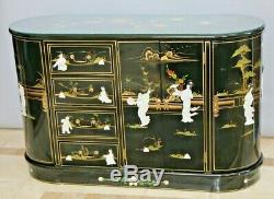 Vintage Asian Buffet Black Mother of Pearl 4 drawer 3 cabinets wine glass racks