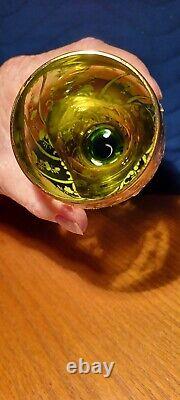 Vintage Bavarian Etched Green Stemmed Wine Glasses, Set Of 6