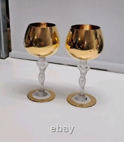 Vintage Bayel Gold Crystal Nude Stem Wine Glasses Bacchante Bacchus Set Of Two