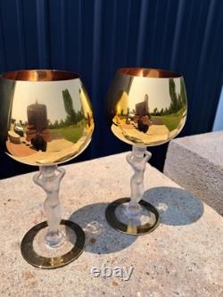 Vintage Bayel Gold Crystal Nude Stem Wine Glasses Bacchante Bacchus Set Of Two