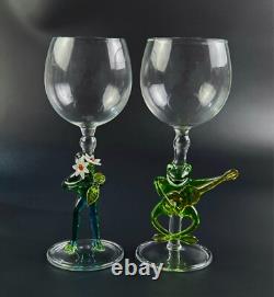 Vintage Beautiful Wine Glasses Frog Shaped Stems Set of 2 8.5