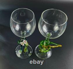 Vintage Beautiful Wine Glasses Frog Shaped Stems Set of 2 8.5