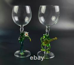 Vintage Beautiful Wine Glasses Frog Shaped Stems Set of 2 8.5