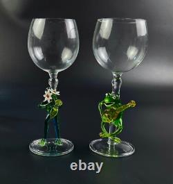 Vintage Beautiful Wine Glasses Frog Shaped Stems Set of 2 8.5