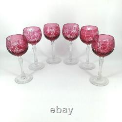 Vintage Beyer BEZ1 Wine Glasses Cranberry Crystal Cut to Clear Germany Set of 6