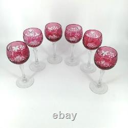 Vintage Beyer BEZ1 Wine Glasses Cranberry Crystal Cut to Clear Germany Set of 6