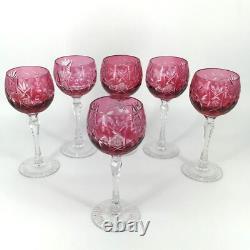 Vintage Beyer BEZ1 Wine Glasses Cranberry Crystal Cut to Clear Germany Set of 6