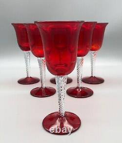 Vintage Blenko Hand Blown Ruby Red Bowl&Foot Air Twist Stem Wine Glasses Set 6