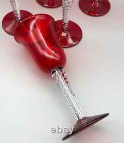 Vintage Blenko Hand Blown Ruby Red Bowl&Foot Air Twist Stem Wine Glasses Set 6