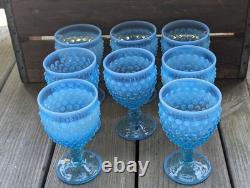 Vintage Blue Opalescent Hobnail Glasses Water Wine Goblet lot of 8 5 1/2 tall