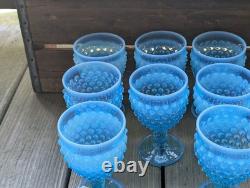 Vintage Blue Opalescent Hobnail Glasses Water Wine Goblet lot of 8 5 1/2 tall