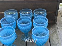 Vintage Blue Opalescent Hobnail Glasses Water Wine Goblet lot of 8 5 1/2 tall