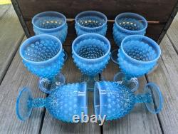 Vintage Blue Opalescent Hobnail Glasses Water Wine Goblet lot of 8 5 1/2 tall