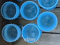 Vintage Blue Opalescent Hobnail Glasses Water Wine Goblet lot of 8 5 1/2 tall