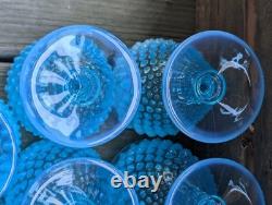 Vintage Blue Opalescent Hobnail Glasses Water Wine Goblet lot of 8 5 1/2 tall