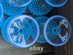 Vintage Blue Opalescent Hobnail Glasses Water Wine Goblet lot of 8 5 1/2 tall