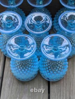 Vintage Blue Opalescent Hobnail Glasses Water Wine Goblet lot of 8 5 1/2 tall